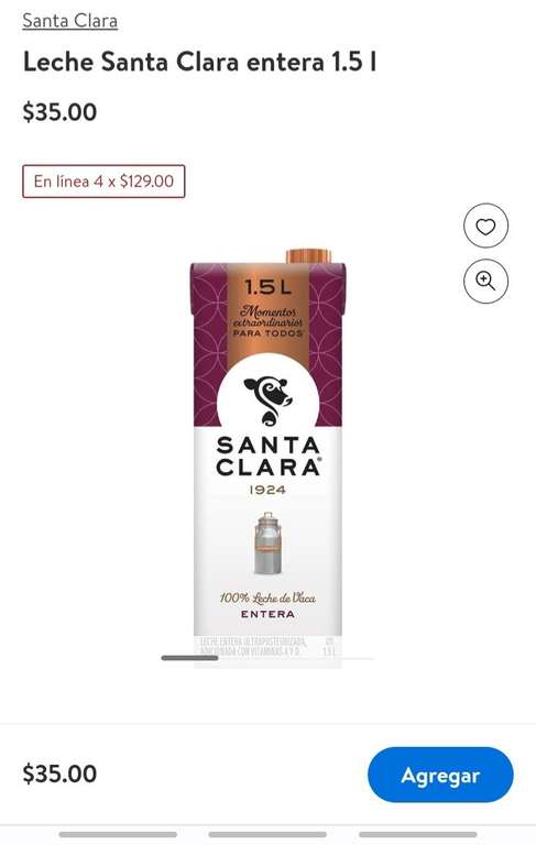 Leche Santa Clara 1.5 lt 4x$129 ($21.5 por litro) - Super Walmart