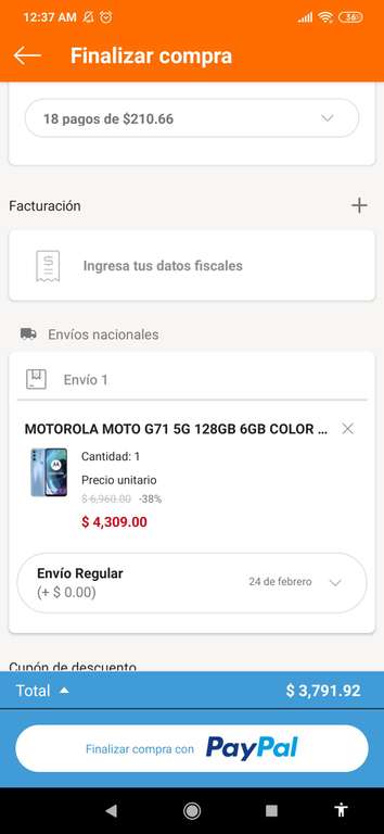 Linio: Moto G71 a $3791 con %12 de descuento pagando con Paypal. Con cupón de "Nuevo Usuario" queda $3691
