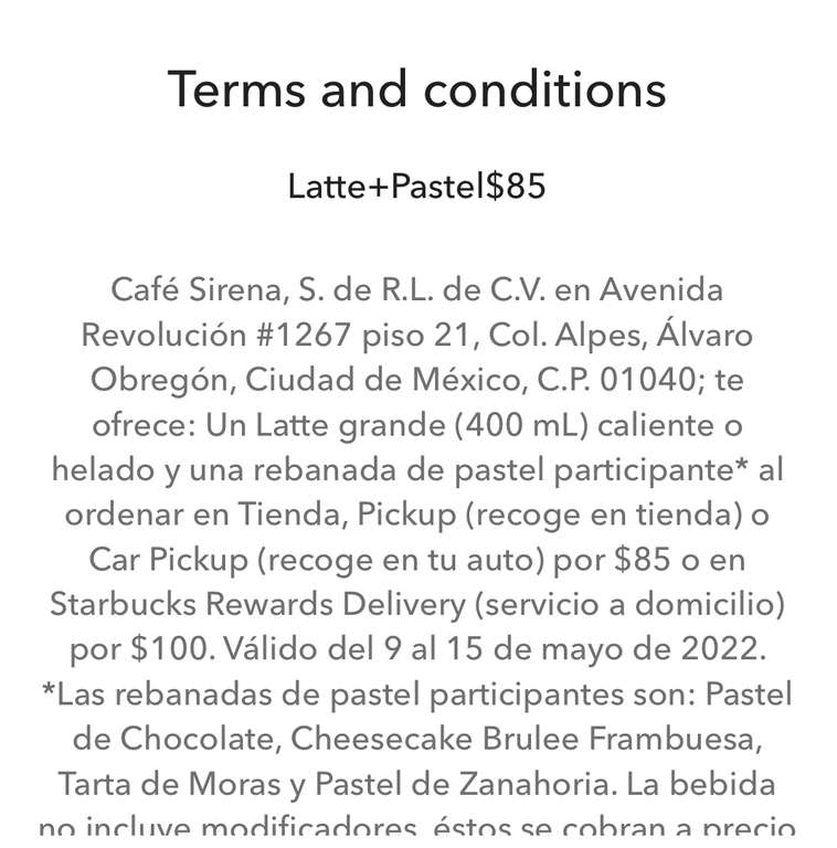 Starbucks: Latte + Pastel por $85 pesos (tienda, pickup app o car pickup) -  