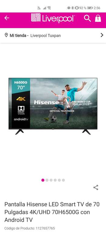 Liverpool: Pantalla Hisense LED Smart TV de 70 Pulgadas 4K/UHD 70H6500G con Android TV