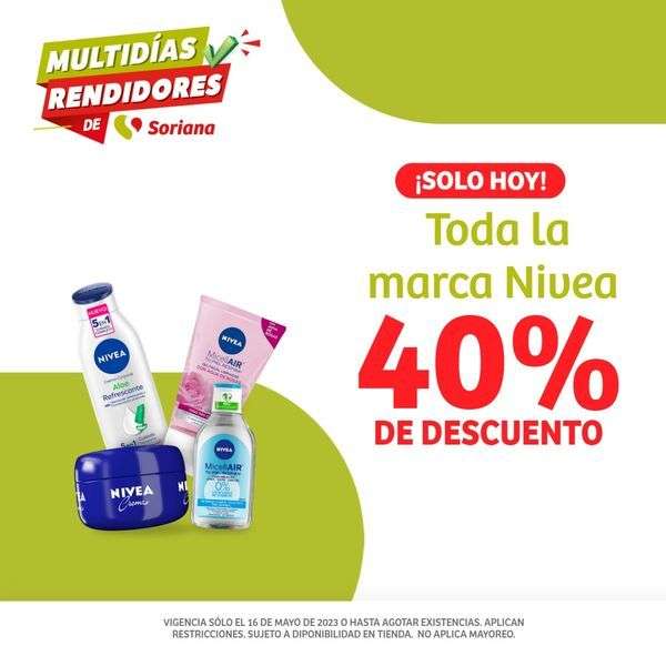 Soriana: MultiDías Rendidores Martes 16 Mayo: 40% de descuento en todas las marcas Regio y Nivea, en jabones líquidos de tocador y más