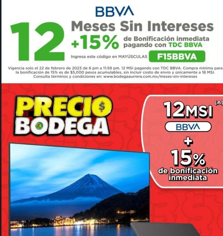 Bodega Aurrera: 15% de bonificación y 12 MSI con BBVA (compra mín $5000)