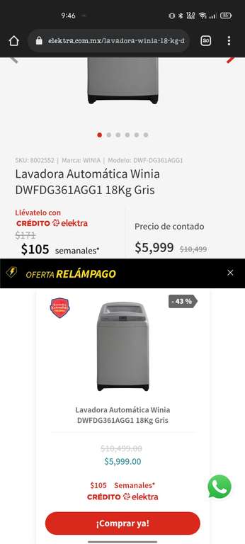 Elektra: Lavadora Automática Winia DWFDG361AGG1 18Kg Gris | Buen precio | Oferta relámpago | Precio pagando con TDC Oro Azteca