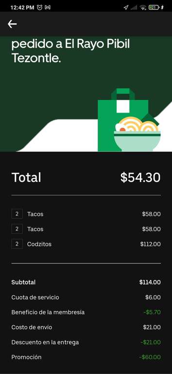 Uber Eats: El Rayo Pibil, 4 tacos más 2 órdenes de tacos dorados de cochinita por solo $54 (Uber one)