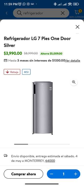 Walmart: Refrigerador LG 7 Pies One Door Silver