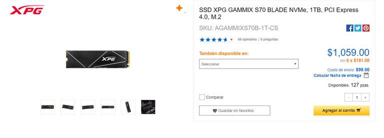 Cyberpuerta: SSD XPG GAMMIX S70 BLADE NVMe, 1TB, PCI Express 4.0, M.2