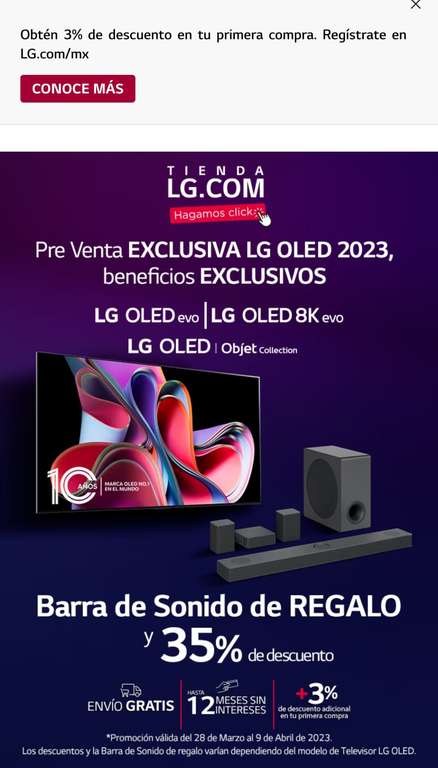 Preventa LG OLED 2023 Modelos G3. 35% de descuento + 3% extra si te registras en el portal + barra de sonido S40Q gratis.