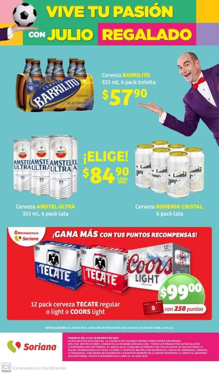 Soriana: Folleto Julio Regalado 25 al 31 de Mayo | Ejemplo: 12 cervezas Tecate (light o regular) por $99 + 250 pts