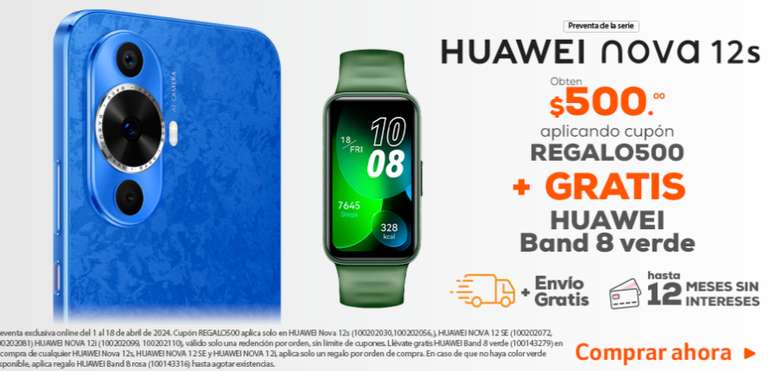 RadioShack: Preventa Huawei Nova 12I 8gb / 128gb Verde- Cupon $500 para el celular y Recibe gratis un SmartWatch Huawei Band 8 el 04/19/2024