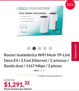 Office Depot Router Inalámbrico WiFi Mesh TP-Link Deco E4 / 2 Fast Ethernet / 2 antenas / Banda dual / 1167 Mbps / 2 piezas