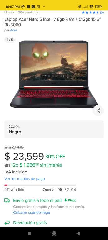 Mercado Libre: Laptop gamer Acer nitro 5 i7 rtx 3060