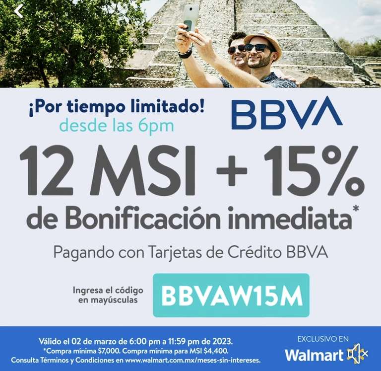 Walmart: Bonificación 15% BBVA a 12 MSI