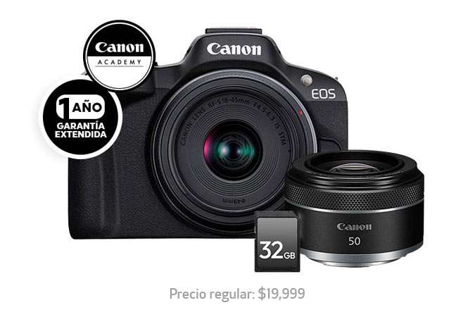 Tienda Canon: EOS R50 RF-S 18-45mm F4.5-6.3 IS STM +Lente RF 50 F1.8 STM + Tarjeta 32GB + Curso online Vlogger + Garantia Extendia 1 año
