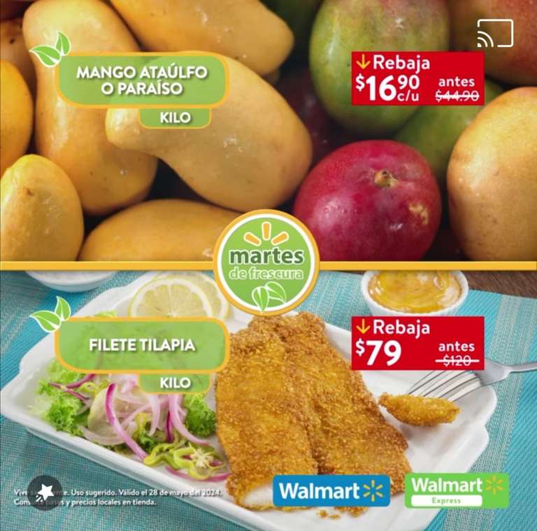 Walmart: Martes de Frescura 28 Mayo: Elote Blanco $3.90 pza • Mango Ataulfo ó Mango Paraíso $16.90 kg • Aguacate $39.90 kg