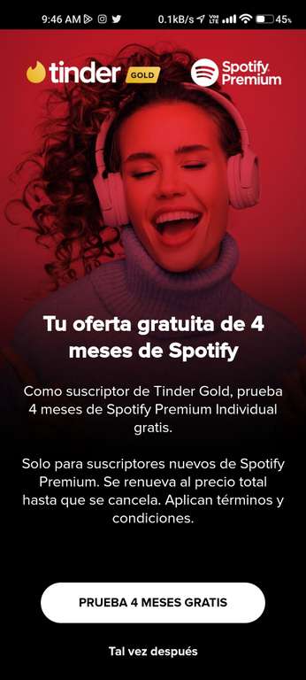 Tinder: (Tinder GOLD) 4 meses de Spotify premium individual gratis Solo para usuarios que todavía no hayan probado Spotify Premium