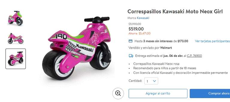 Walmart: Correspasillos Kawasaki Moto Neox Girl 519
