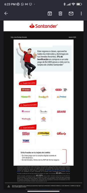 Santander: 5% de cashback los miércoles y domingos en tiendas participantes usando TDC