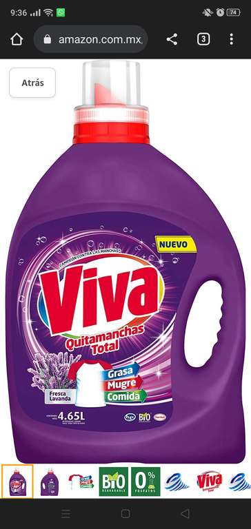 Amazon: Viva Quitamanchas Total Lavanda, Detergente líquido 4.65 L