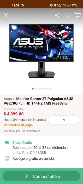 Linio: Monitor 27 Asus modelo vg278q + Paypal (20%)