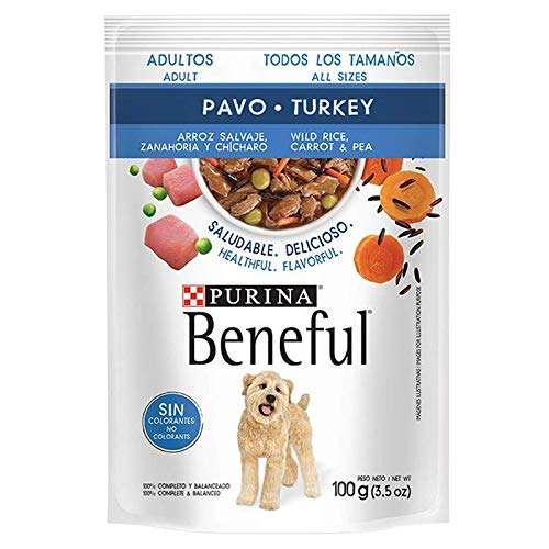 Amazon: Purina Beneful Alimento humedo para perros adultos pavo y arroz 100g, 20 Piezas.