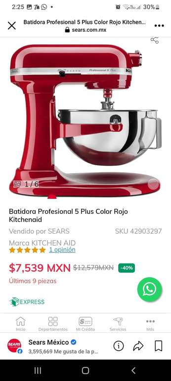 Batidora KitchenAid Profesional 5 plus color rojo y plata en Sears