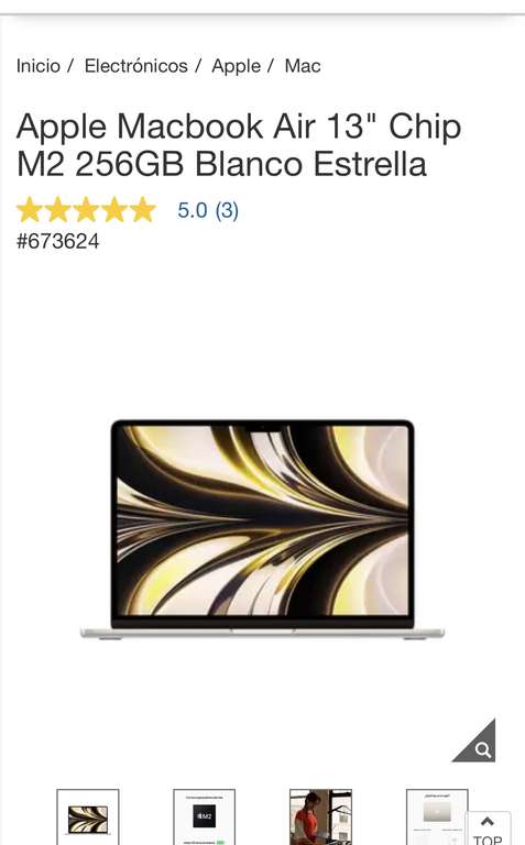 Costco [app]: Apple Macbook Air 13" Chip M2 256GB Blanco Estrella | Pagando con PayPal