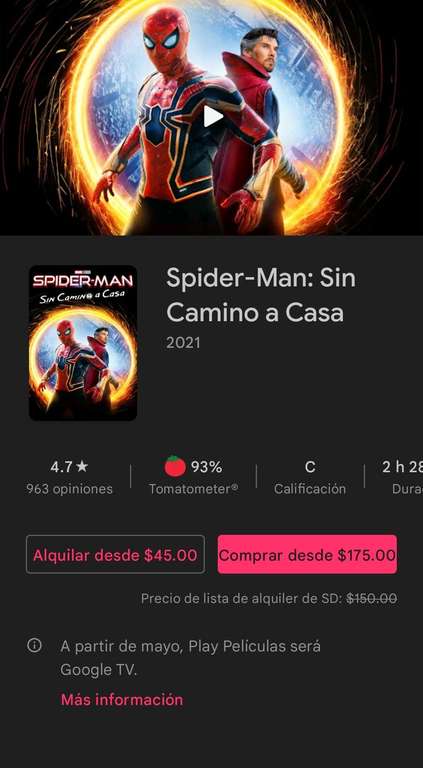 Google Play: Spiderman NWH baja de precio en compra y renta