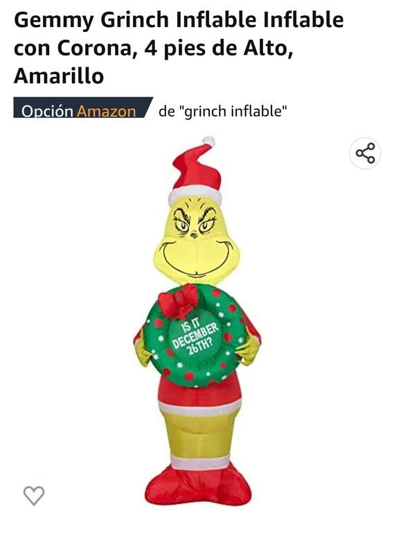 Amazon: Gemmy Grinch Inflable Inflable con Corona, 4 pies de Alto, Amarillo