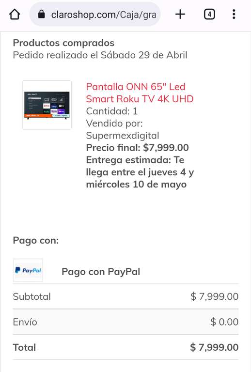 Claro Shop: Pantalla 65" onn $6,400 PayPal +hsbc