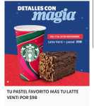 Starbucks: Latte tamaño Venti (500 ml) + una rebanada de pastel participante*, por $98 pesos. (Comienza el 17)