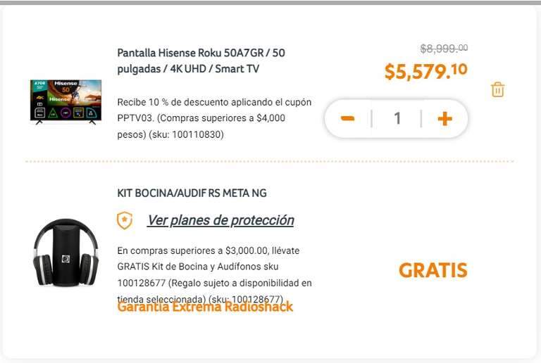 RadioShack: Pantalla Hisense 50 pulgadas 4K Roku a $5,579 con Paypal