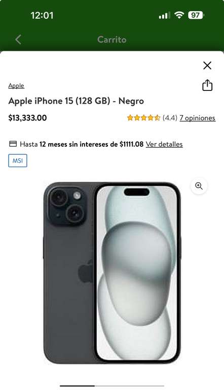 Bodega Aurrera: Apple iPhone 15 (128 GB) Negro ($12,337 CASHI)