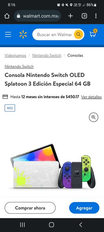 Walmart: Consola Nintendo Switch OLED Splatoon 3 Edición Especial 64 GB con citibanamex y cupon