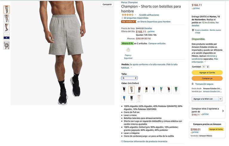 Amazon: Shorts con bolsillos para hombre Marca Champion