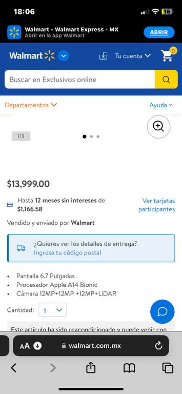 Walmart: iPhone 12 Pro Max 128 GB reacondicionado MSI