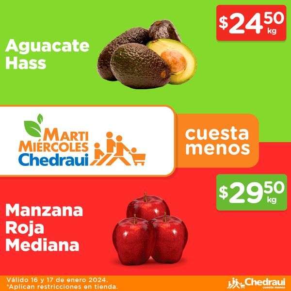 Chedraui: MartiMiércoles de Chedraui 16 y 17 Enero: Zanahoria $9.50 kg • Lechuga $9.50 pza • Aguacate $24.50 kg • Manzana Roja $29.50 kg