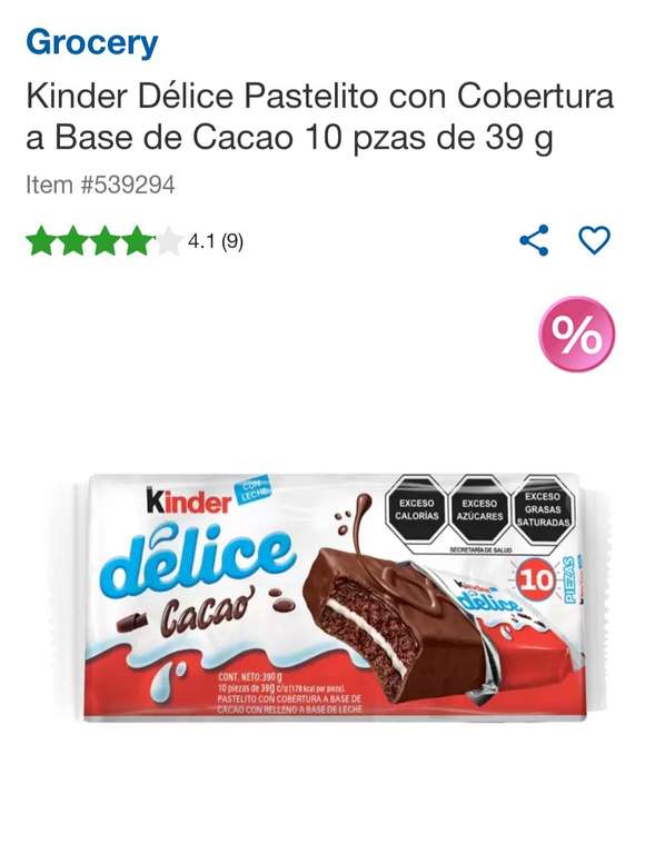 Costco: Kinder Délice Pastelito con Cobertura a Base de Cacao 10 pzas de 39 g