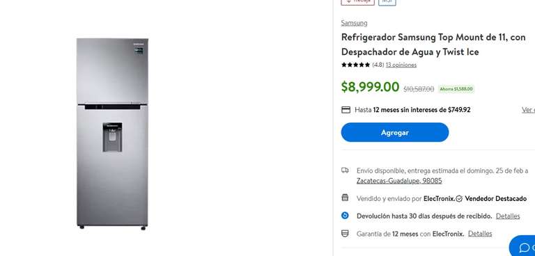 Walmart: Refrigerador Samsung 11ft se llega al precio con cupon BBVAFW a 12MSI (INCLUYE ENVIO)
