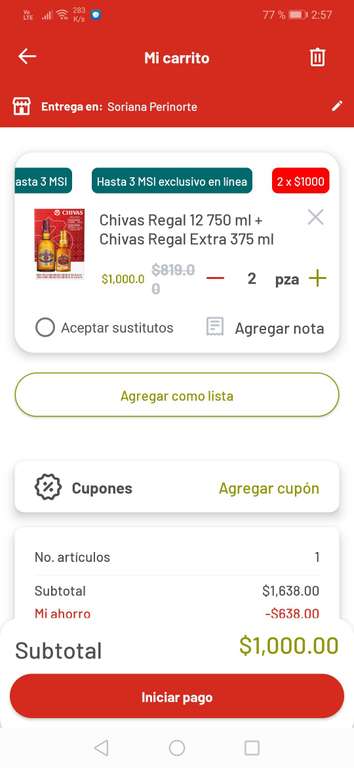 Soriana: 2 paquetes Chivas Regal 12 750 ml + Chivas Regal Extra 375 ml (Precio al agregar al carrito)