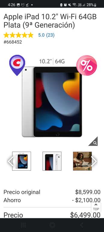 Costco: Apple iPad 10.2" Wi-Fi 64GB Plata (9ª Generación) con cupon y paypal