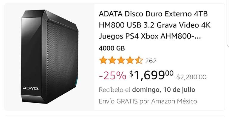 Vendido por Amazon Mexico Disco Duro Externo 4TB 7200 USB 3.2 PS4 Xbox