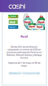 Bodega Aurrera, Walmart Súper y Express en tienda física: Detergentes Persil con 20% de bonificación (compra mín $100) (CASHI)