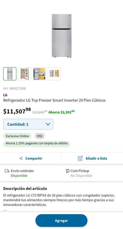 Sam's Club: Refrigerador LG Top Freezer Smart Inverter 20 pies cúbicos