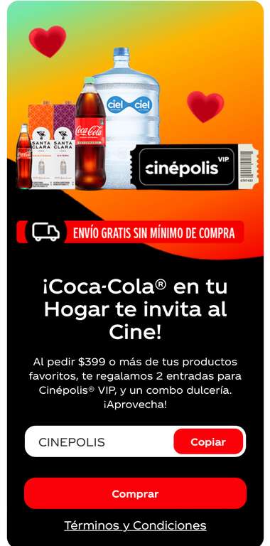 Coca Cola: 2 entradas para Cinépolis VIP y un combo dulcería gratis al comprar $399