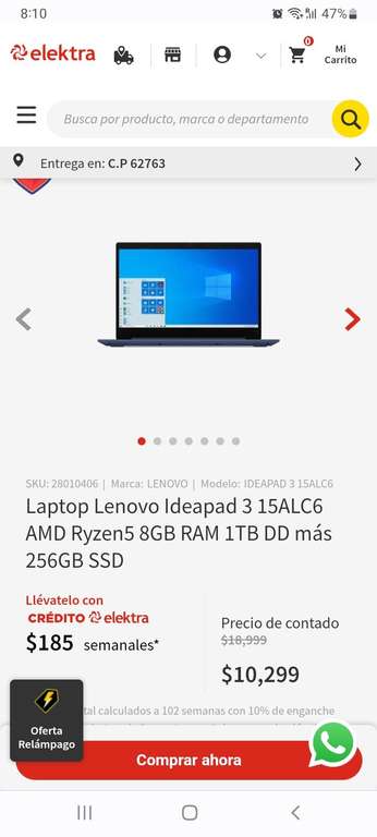 Elektra: Laptop con ryzen5 a 10,300 pesos mexicanos en la pagina de elektra