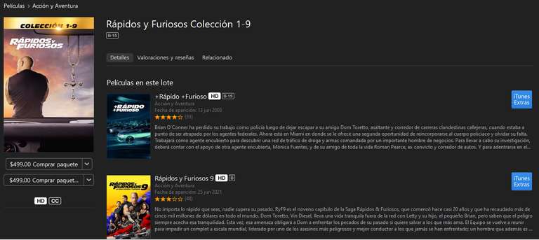 iTunes: Saga Rápidos y Furiosos iTunes $499