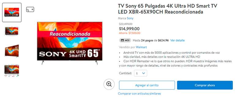 Walmart TV 4K Sony 65x90CH Reacondicionada (Sin promociones bancarias)