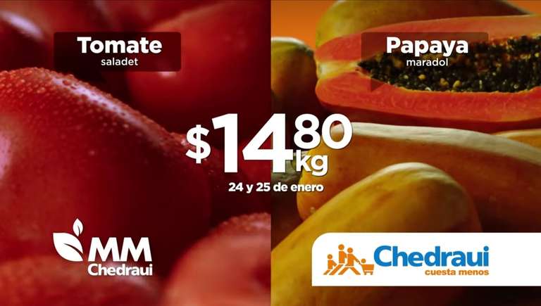 Chedraui: MartiMiércoles de Chedraui 24 y 25 Enero: Cereza $9.90 100g • Jitomate ó Papaya $14.80 kg.