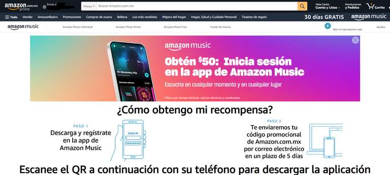 Amazon Music: Recibe 50 pesos para utilizar en Amazon