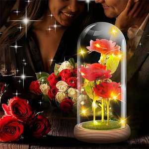 Amazon: SMPK Rosa eterna,Flor eterna con 3 rosas + luces LED + cubierta de vidrio para base de césped